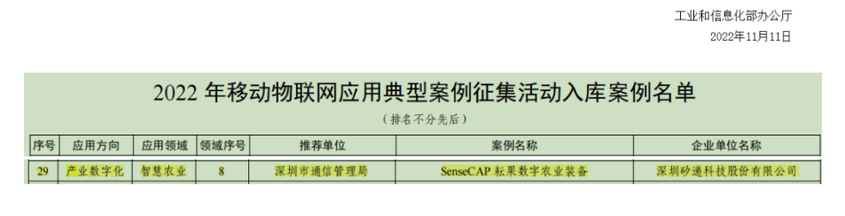 SenseCAP耘果智能传感系统入选工信部《2022年移动物联网应用典型案例征集活动入库案例》！